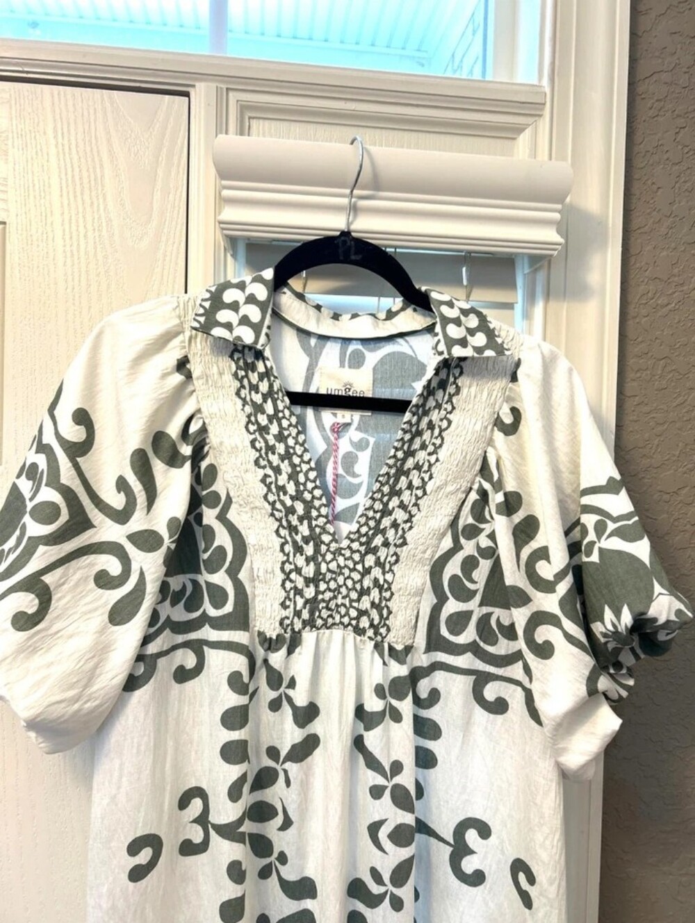 White and Olive Patterned Women's Dress - Picture 3 of 4